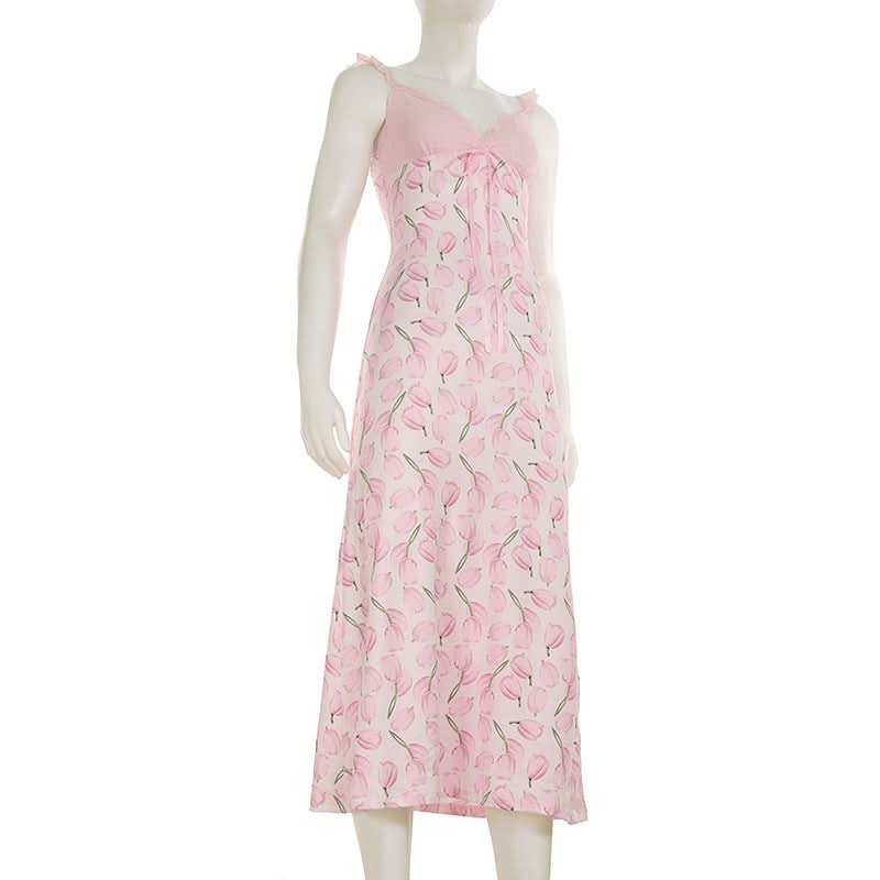 Sweetheart Tulip Print Cami Midi Dress with Scalloped Lace Trim - Effortless Transitional Style