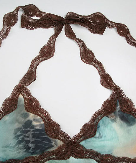 Y2K Fall Flair: Abstract Print Lace Halter Top | Tie-Neck V-Neck Camisole