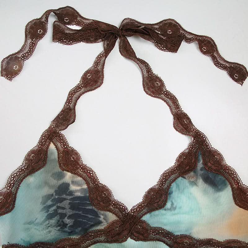 Y2K Fall Flair: Abstract Print Lace Halter Top | Tie-Neck V-Neck Camisole
