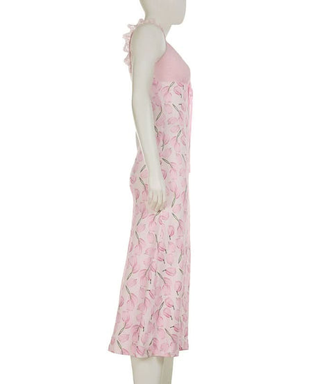 Sweetheart Tulip Print Cami Midi Dress with Scalloped Lace Trim - Effortless Transitional Style
