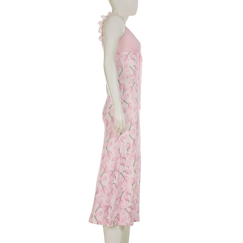 Sweetheart Tulip Print Cami Midi Dress with Scalloped Lace Trim - Effortless Transitional Style