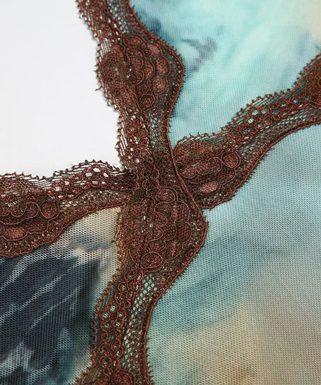 Y2K Fall Flair: Abstract Print Lace Halter Top | Tie-Neck V-Neck Camisole