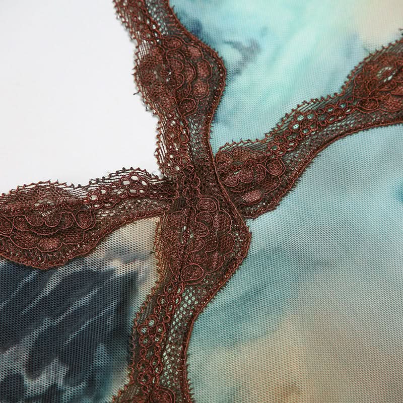 Y2K Fall Flair: Abstract Print Lace Halter Top | Tie-Neck V-Neck Camisole