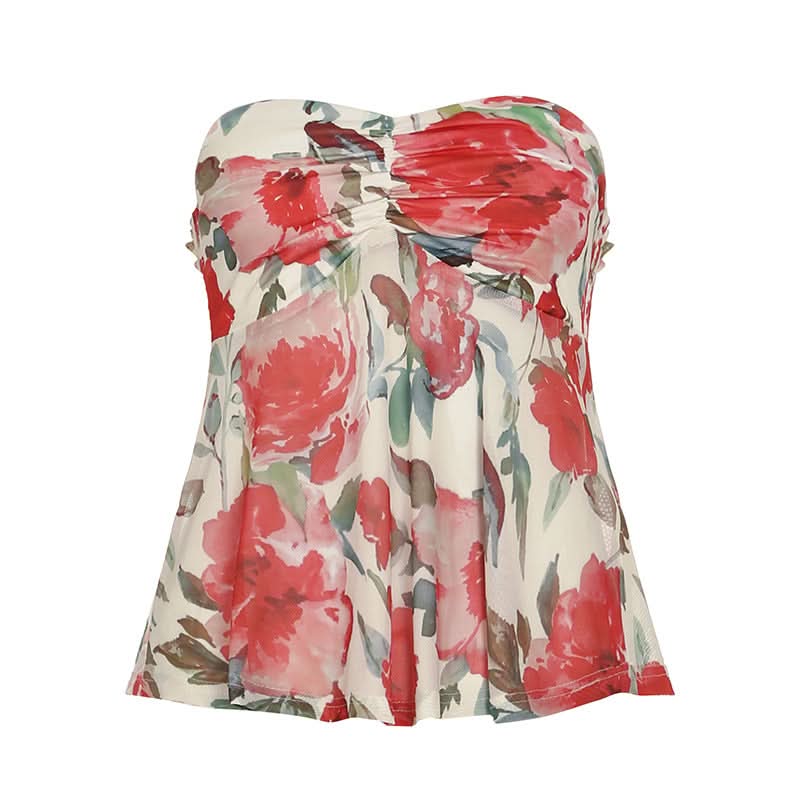 Vibrant Floral Ruched Tube Top - Chic Vacation & Resort Wear for Women