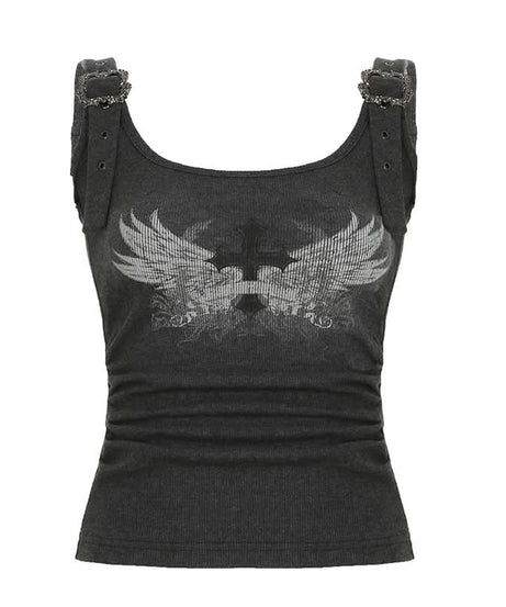 Gothic Wing & Cross Buckle Ribbed Tank Top - Edgy Fall & Halloween Style