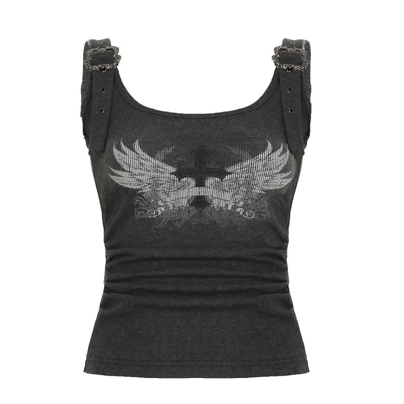 Gothic Wing & Cross Buckle Ribbed Tank Top - Edgy Fall & Halloween Style