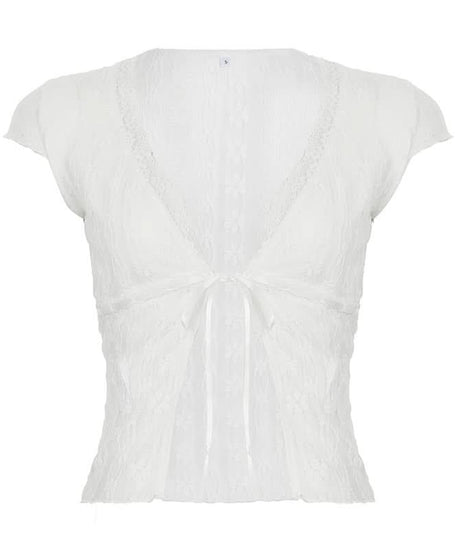 Romantic White Lace Tie-Front Top | Cap Sleeve V-Neck Blouse for Fall