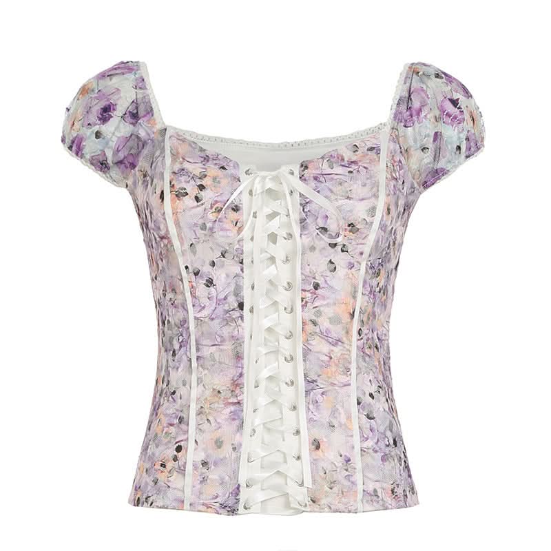 Autumn Bloom Lavender Floral Lace-Up Corset Top | Puff Sleeve Romantic Blouse