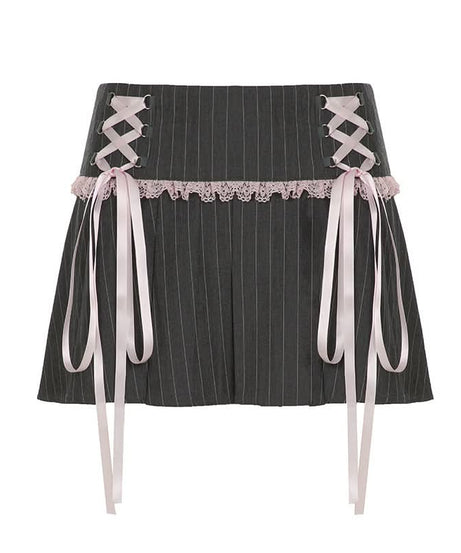 Fall Coquette Chic: Pinstripe Pleated Mini Skirt with Lace & Ribbon Detail – Perfect for Y2K & Halloween Style