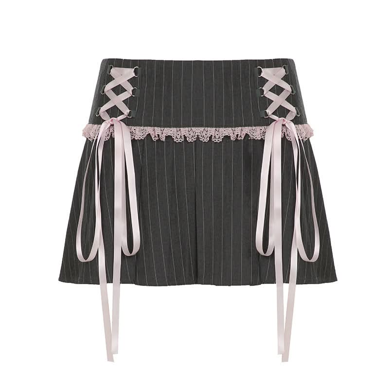 Fall Coquette Chic: Pinstripe Pleated Mini Skirt with Lace & Ribbon Detail – Perfect for Y2K & Halloween Style