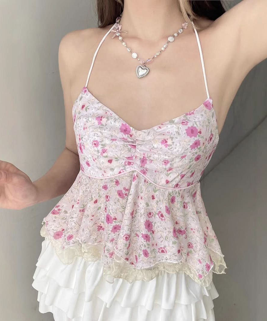 Dreamy Pink Floral Halter Peplum Top - Sweet Lace Trim & Vacation Ready Style
