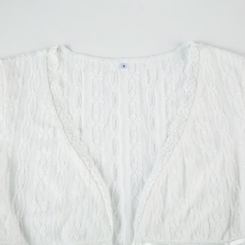 Romantic White Lace Tie-Front Top | Cap Sleeve V-Neck Blouse for Fall