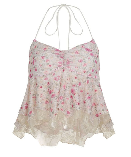 Dreamy Pink Floral Halter Peplum Top - Sweet Lace Trim & Vacation Ready Style