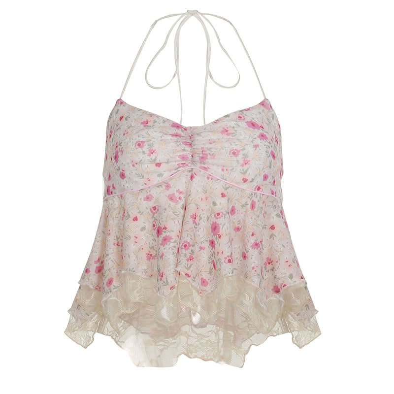 Dreamy Pink Floral Halter Peplum Top - Sweet Lace Trim & Vacation Ready Style