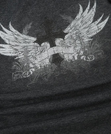 Gothic Wing & Cross Buckle Ribbed Tank Top - Edgy Fall & Halloween Style