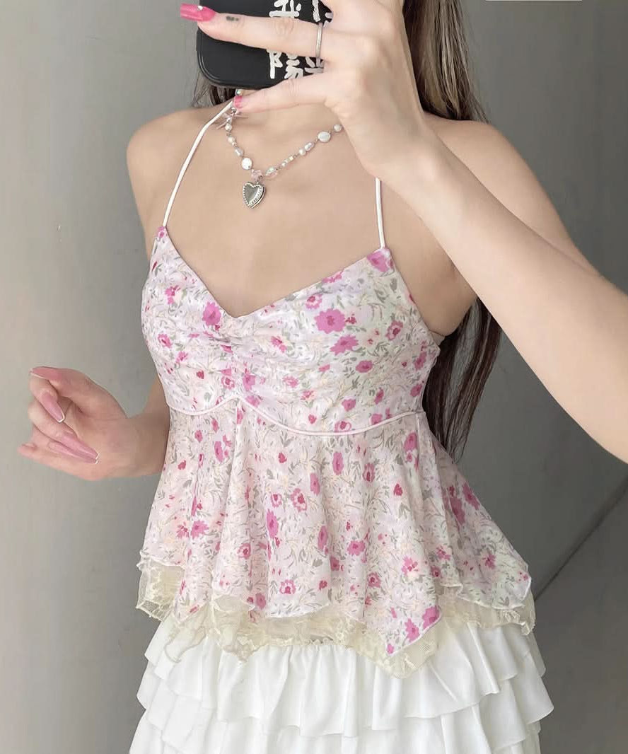 Dreamy Pink Floral Halter Peplum Top - Sweet Lace Trim & Vacation Ready Style