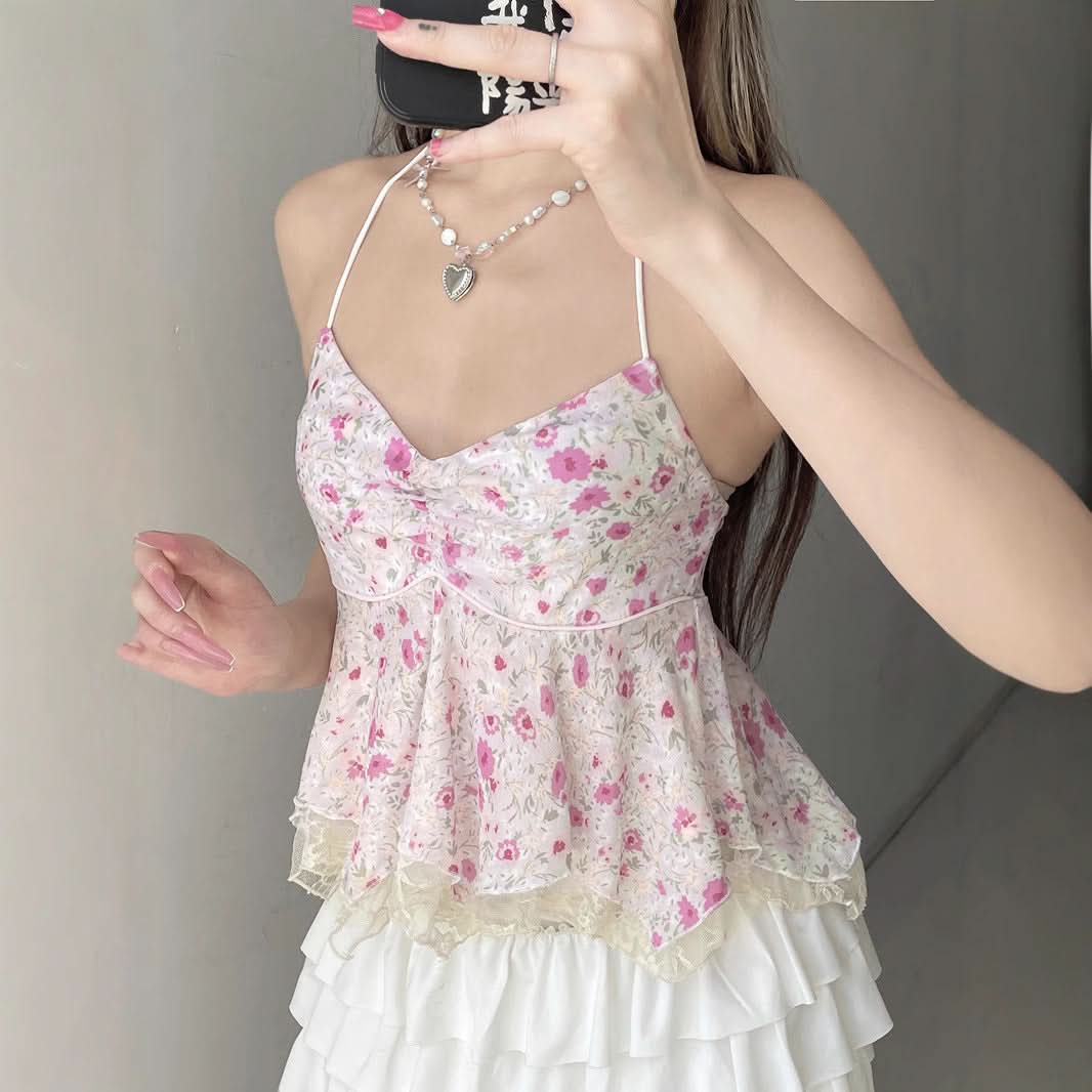 Dreamy Pink Floral Halter Peplum Top - Sweet Lace Trim & Vacation Ready Style