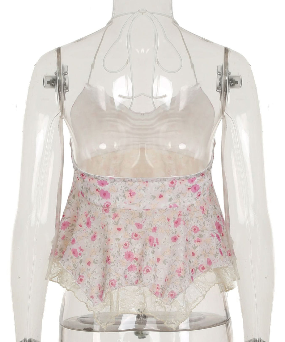 Dreamy Pink Floral Halter Peplum Top - Sweet Lace Trim & Vacation Ready Style