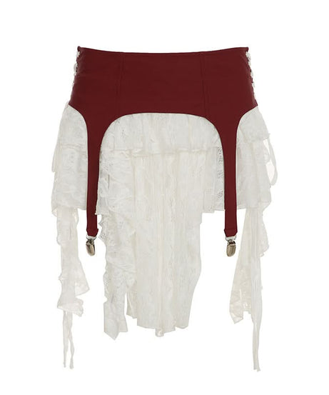 Burgundy Garter Strap & Ruffled Lace Mini Skirt - Edgy Fall Fashion Statement