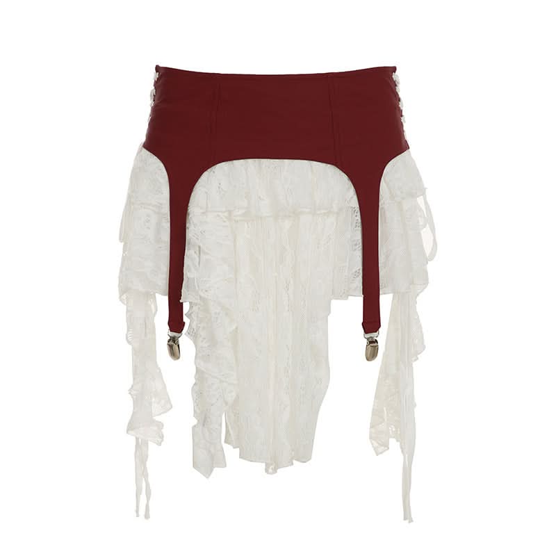 Burgundy Garter Strap & Ruffled Lace Mini Skirt - Edgy Fall Fashion Statement