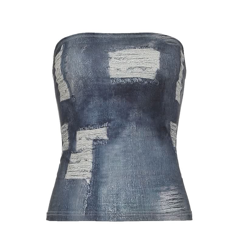 Edgy Distressed Denim Print Tube Top | Y2K Strapless Style for Fall Layering