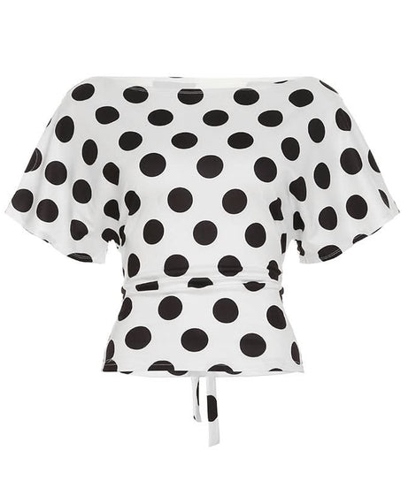 Retro Chic Polka Dot Off-Shoulder Wrap Top - Flattering Tie-Waist Blouse for Fall & Beyond