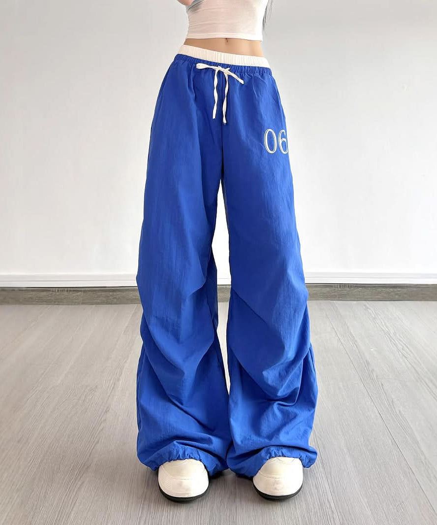 Trendy Y2K Baggy Wide Leg Pants - Women's Royal Blue Drawstring Athleisure for Fall