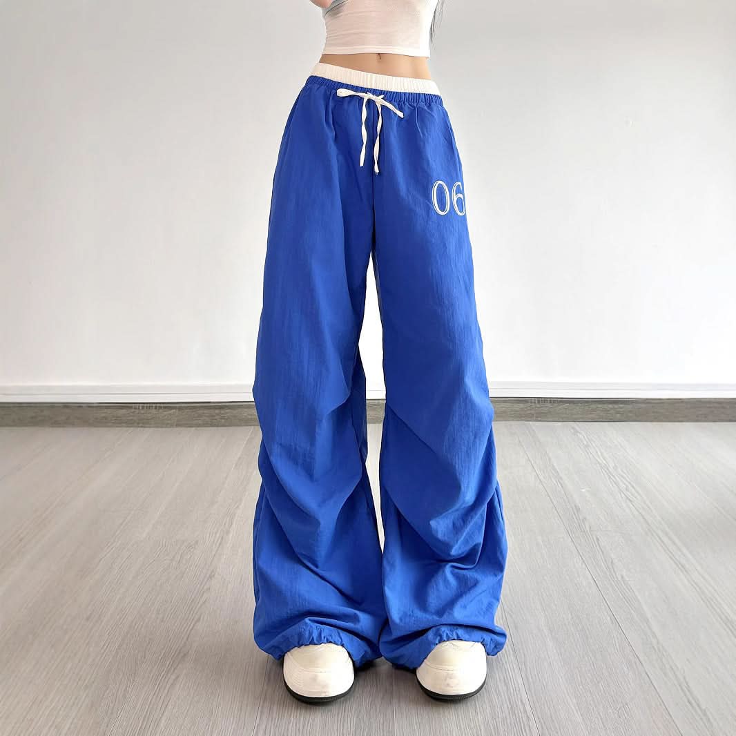Trendy Y2K Baggy Wide Leg Pants - Women's Royal Blue Drawstring Athleisure for Fall