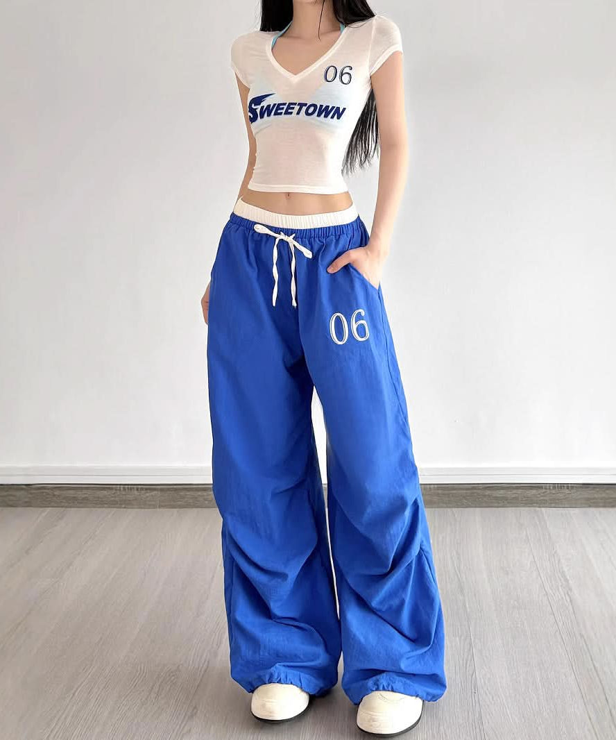 Trendy Y2K Baggy Wide Leg Pants - Women's Royal Blue Drawstring Athleisure for Fall