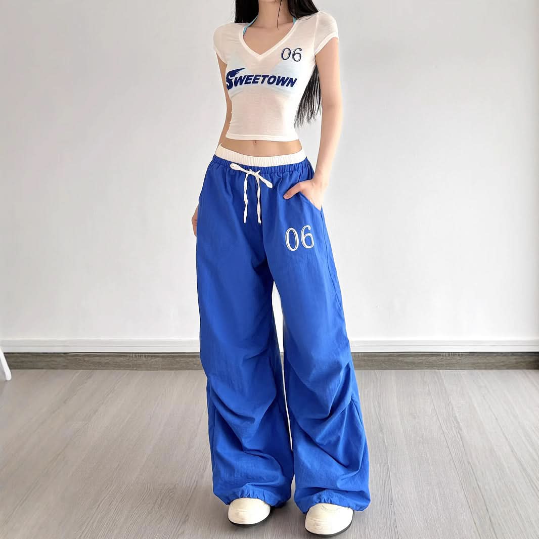 Trendy Y2K Baggy Wide Leg Pants - Women's Royal Blue Drawstring Athleisure for Fall