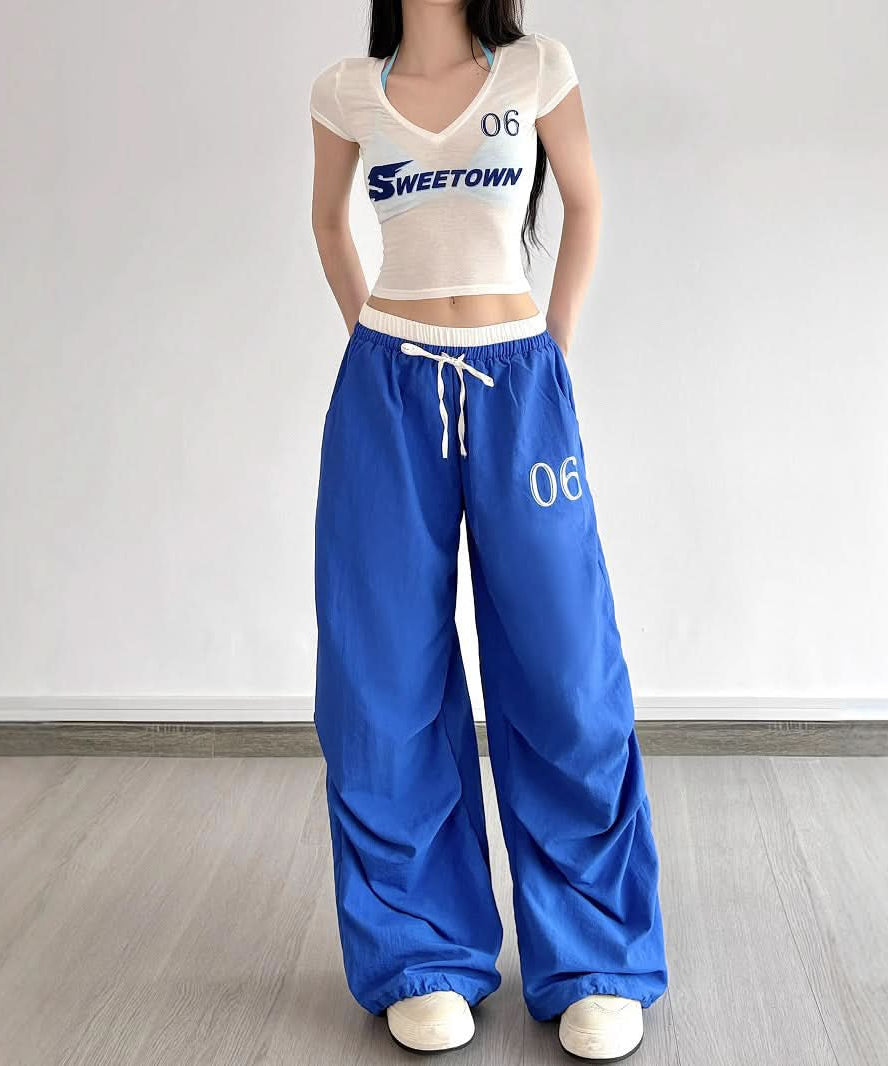 Trendy Y2K Baggy Wide Leg Pants - Women's Royal Blue Drawstring Athleisure for Fall