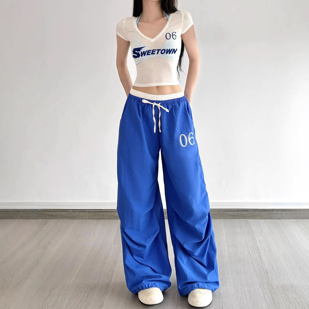 Trendy Y2K Baggy Wide Leg Pants - Women's Royal Blue Drawstring Athleisure for Fall