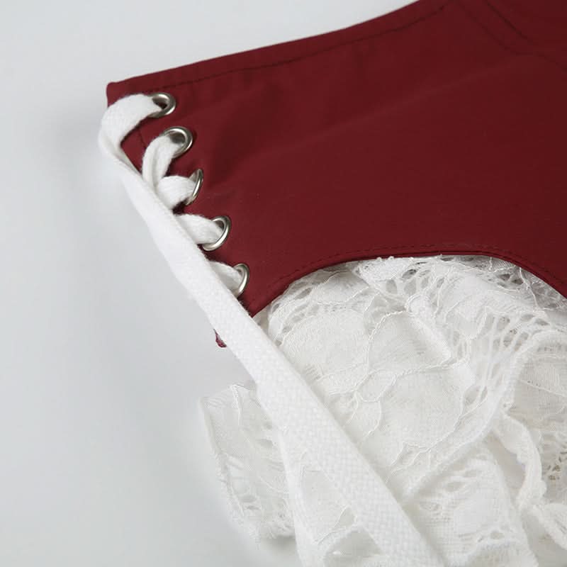Burgundy Garter Strap & Ruffled Lace Mini Skirt - Edgy Fall Fashion Statement
