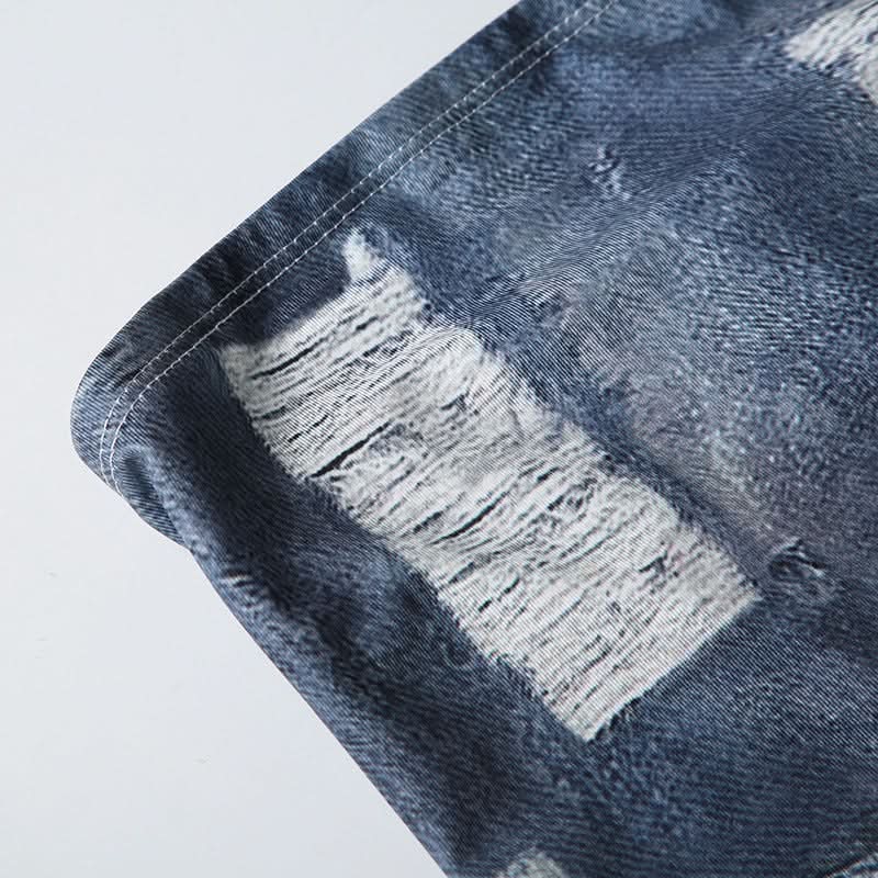 Edgy Distressed Denim Print Tube Top | Y2K Strapless Style for Fall Layering