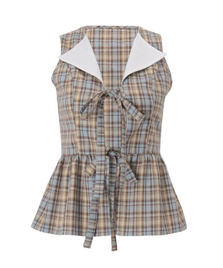 Chic Autumn Plaid Peplum Top – Sweet Peter Pan Collar & Bow Tie
