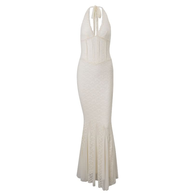 Ivory Lace Halter Mermaid Maxi Dress - Elegant Bridal & Resort Wear for Fall & Winter