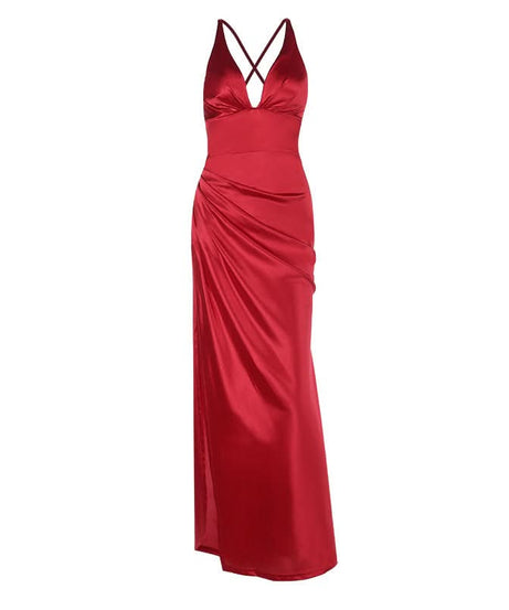 Show-Stopping Red Satin V-Neck Maxi Dress - Elegant Ruched Backless Gown for Holiday Parties & New Year's Eve