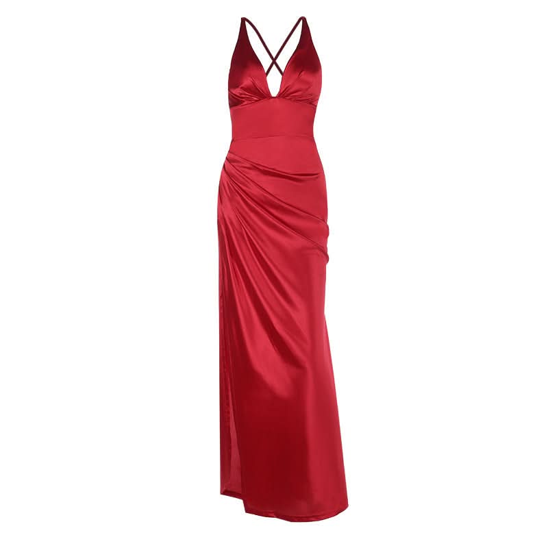 Show-Stopping Red Satin V-Neck Maxi Dress - Elegant Ruched Backless Gown for Holiday Parties & New Year's Eve