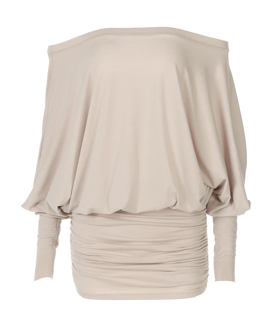Effortless Chic: Off-Shoulder Dolman Sleeve Ruched Mini Dress – Perfect for Fall & Holiday Styling