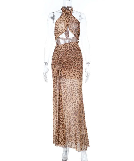 Unleash Your Wild Side: Daring Leopard Print Halter Cut-Out Maxi Dress - Perfect for Fall Parties & Holiday Getaways