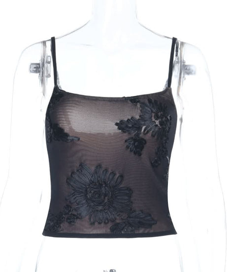 Sultry Black Floral Embroidered Mesh Cami Top – Autumn Evenings & Holiday Season Essential