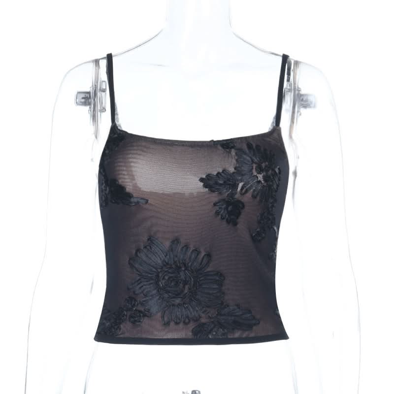 Sultry Black Floral Embroidered Mesh Cami Top – Autumn Evenings & Holiday Season Essential