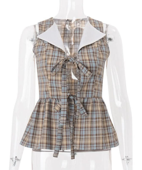 Chic Autumn Plaid Peplum Top – Sweet Peter Pan Collar & Bow Tie