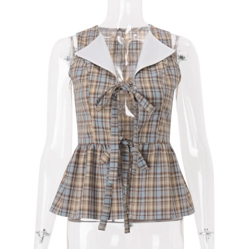 Chic Autumn Plaid Peplum Top – Sweet Peter Pan Collar & Bow Tie