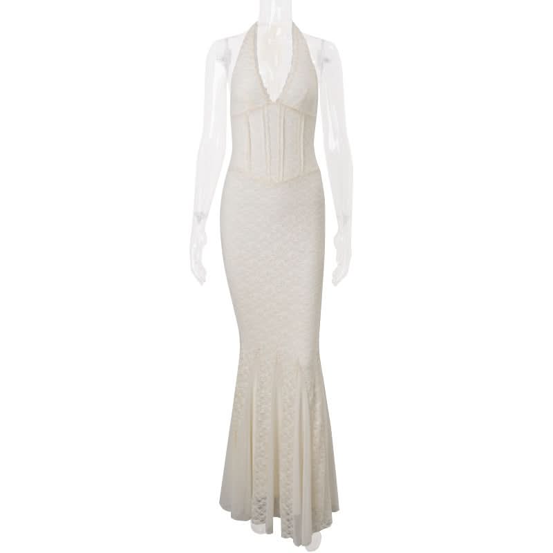 Ivory Lace Halter Mermaid Maxi Dress - Elegant Bridal & Resort Wear for Fall & Winter