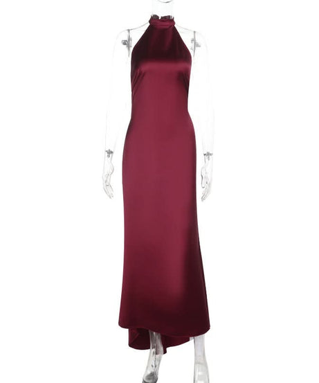 Chic Wine Red Satin Halter Maxi Dress - Elegant Backless Gown for Fall & Holiday Season