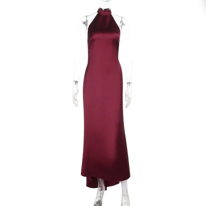 Chic Wine Red Satin Halter Maxi Dress - Elegant Backless Gown for Fall & Holiday Season