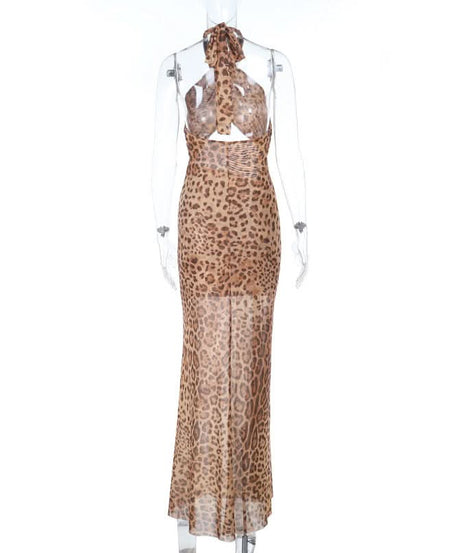 Unleash Your Wild Side: Daring Leopard Print Halter Cut-Out Maxi Dress - Perfect for Fall Parties & Holiday Getaways