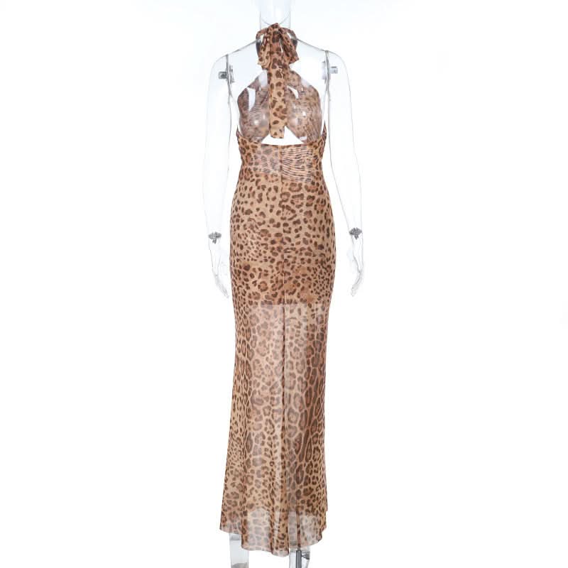 Unleash Your Wild Side: Daring Leopard Print Halter Cut-Out Maxi Dress - Perfect for Fall Parties & Holiday Getaways