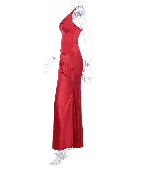 Show-Stopping Red Satin V-Neck Maxi Dress - Elegant Ruched Backless Gown for Holiday Parties & New Year's Eve